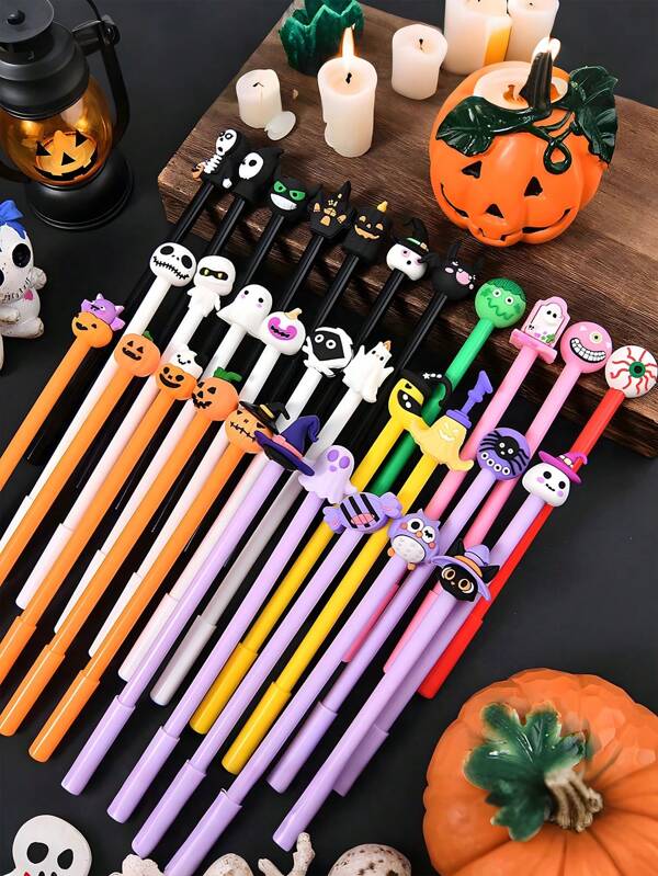 10/20 uds Bolígrafos de Halloween, bolígrafos con diseños de calabaza, calavera, fantasma, murciélago, expresión demoníaca, bolígrafos neutros creativos de oficina, regalo de premio de Halloween, bolígrafos de tinta a base de agua, bolígrafos de rodillo de 0,5 mm para fiestas de Halloween, Acción de Gracias, suministros escolares, estilo aleatorio