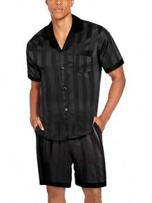 Men Satin Silk Set With Pockets Sleepwear Shorts Satin Summer Loungewear 2 Piece Button Down Set S-3XL - 條紋黑色 - 查看 5
