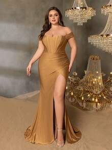 Faeriesty Curve Plus Off Shoulder Bodice Contrast Ruched Wrap Hem Formal Evening Party Dress