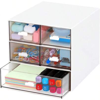 Desk Organizer With 5 Drawers Rectangular Office Stationery Plies Desktop Drawers Plastic Makeup Storage Suitable For Office School Home White 5 Drawers