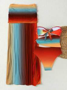 2 件套性感渐变色镂空抹胸女士比基尼泳装，随机花卉印花 - 彩色 - 查看 3