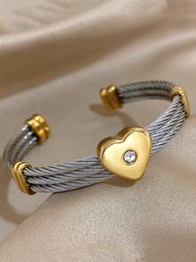 1 件银金色心形吊坠袖口手链女士可叠戴不锈钢手链日常派对珠宝圣诞礼物