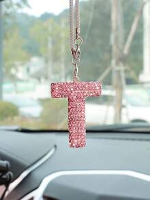1pc Car Rearview Mirror Decoration With Full Diamond Letters Car Interior Pendant Car Interior Decoration Accessories - Pink - View 21