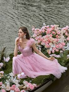 Gorgeous Midi Graduation Dress With Beaded Bodice, Tulle Ruffle Sleeves, Tiered Ruffled Skirt - Birthday Women Outfits For Wedding Guest Outfits, Graduation Proms, Cocktail Parties & Garden Galas - Pink - View 9