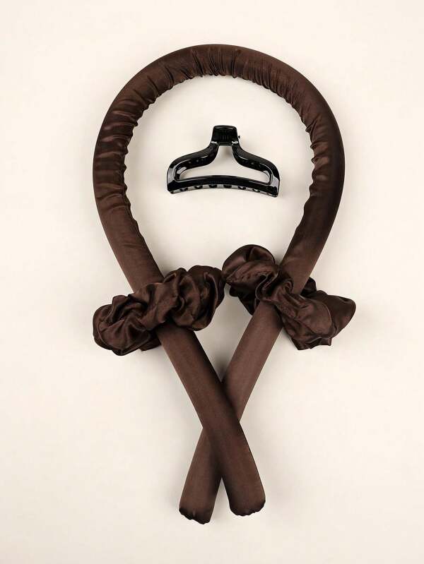 4pcs Chocolate Brown Solid Color Scrunchie, Curling Iron, And Claw Clips Set