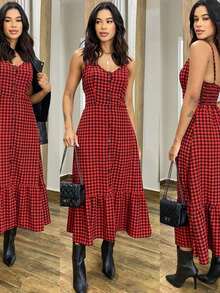 Women's Long Dress Viscose Plaid Lastex Back Straps Loose - Cuadros rojos - Ver 1