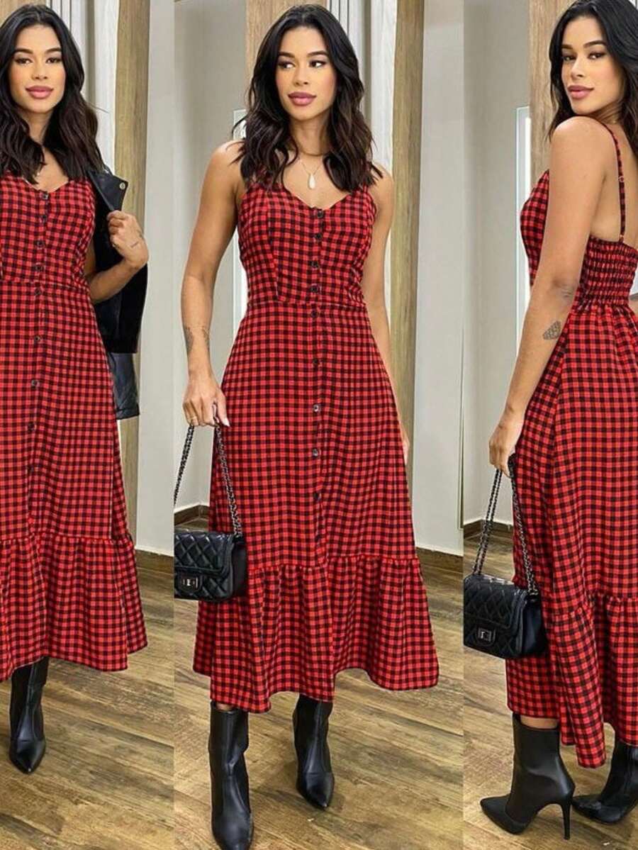 Women's Long Dress Viscose Plaid Lastex Back Straps Loose - Cuadros rojos - Ver 1