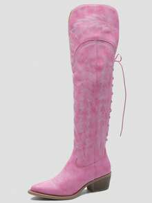 GLOBALWIN Women's Cowboy Western Fashion Over The Knee Thigh High Cowgirl Boots Low Heel Holiday Season Long Boots Fall Winter Spring Boots - 粉色 - 查看 1