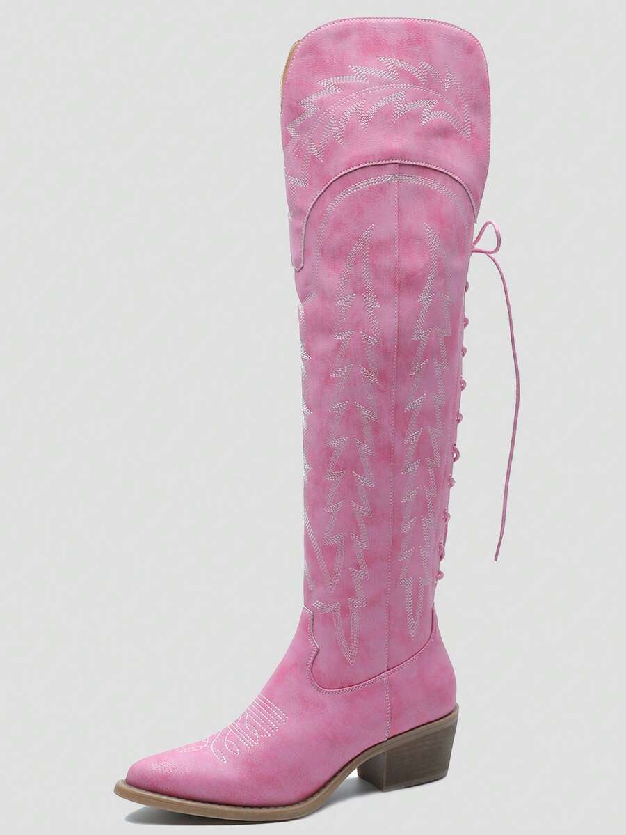 GLOBALWIN Women's Cowboy Western Fashion Over The Knee Thigh High Cowgirl Boots Low Heel Holiday Season Long Boots Fall Winter Spring Boots - 粉色 - 查看 1