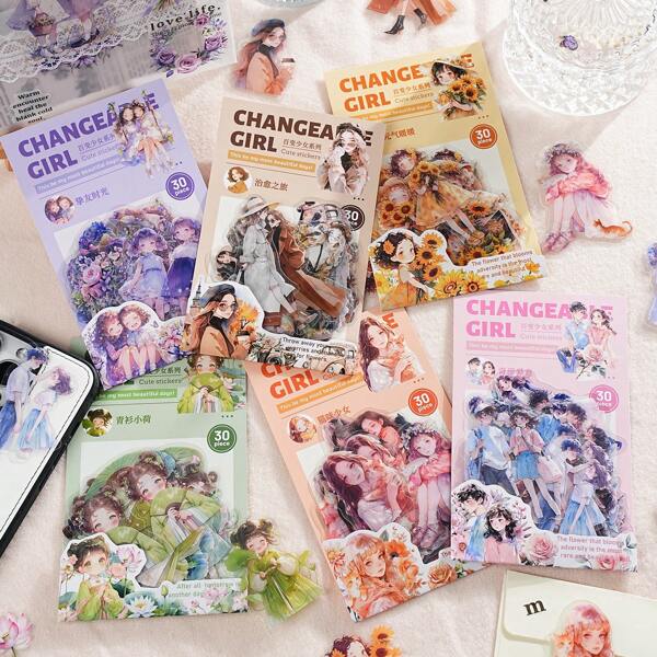30 Stück gemischte schöne Mädchen Stil PET Aufkleber Set, geeignet für Laptop, Album, Gepäck, Handyhülle, Scrapbooking, Raumdekoration, Mädchen Spielsachen, Büroartikel Aufkleber