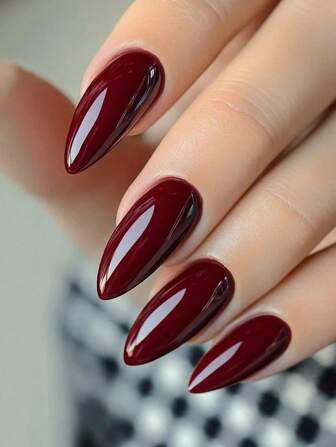 Monina 24 Pcs Medium Size French Vintage Style Metallic Glossy Deep Red Solid Color Nail Sticker Set, Fashionable, Elegant, Versatile