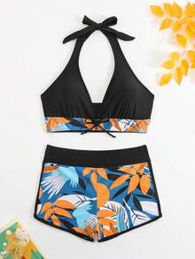 Summer New Fashion Bikini Set Women Two Pieces Swimsuit Bowknot Tropical Print Halter Tankini Bottoms Adjustable Tie Side Swimwear - Black - View 7