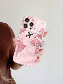 Compatible With Apple 17 16 15 14 13 12 11 Pro Max/Redmi/OPPO/Realme/Infinix Series, Pink Map Travel Pattern Design Pink Straight Edge TPU Phone Case, Anti-Drop, Portable - Pink - View 1