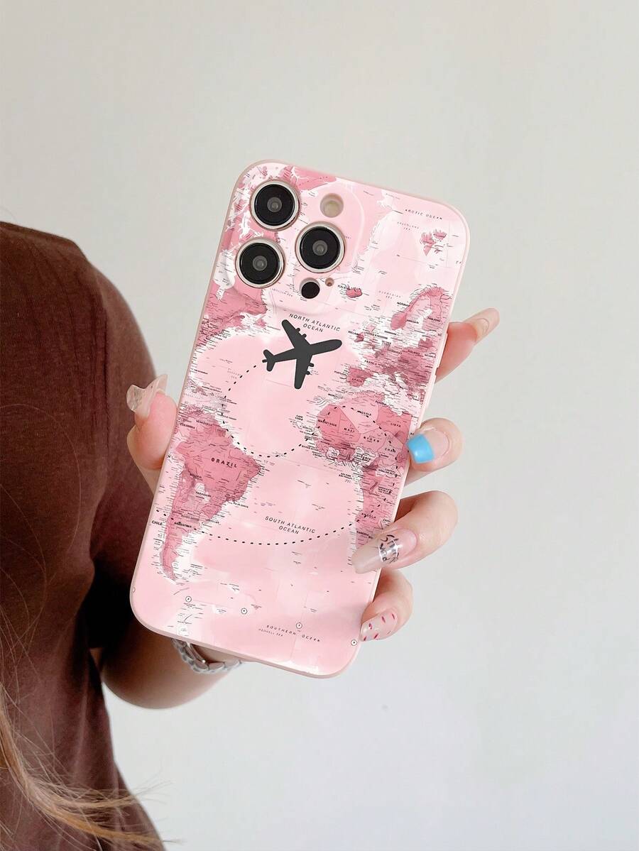 Compatible With Apple 17 16 15 14 13 12 11 Pro Max/Redmi/OPPO/Realme/Infinix Series, Pink Map Travel Pattern Design Pink Straight Edge TPU Phone Case, Anti-Drop, Portable - Pink - View 1