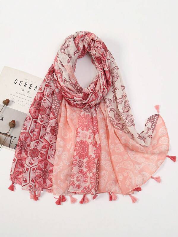 1pc Geometric Cashew Flower Print Tassel Decorated Scarf