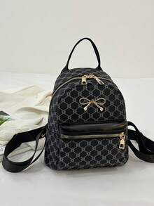 时尚蝴蝶结经典花卉印花女士背包手提包托特包拉链封口多功能休闲单肩包 - 黑色 - 查看 10