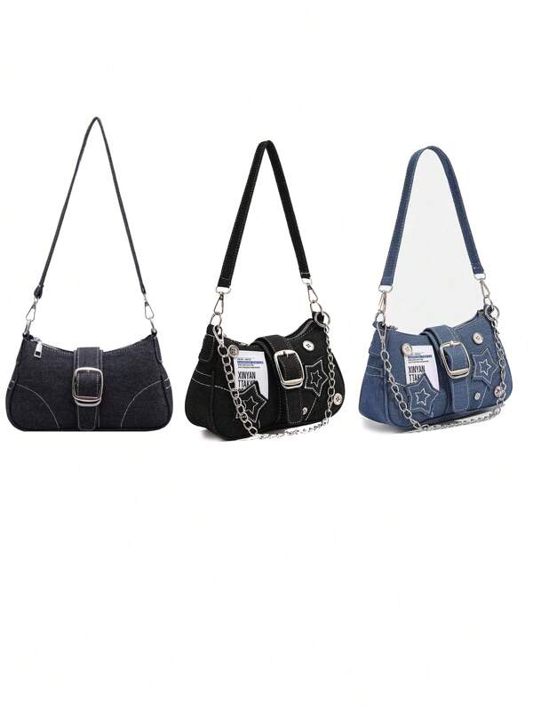 Sac à épaule mode fille style Y2K en denim, sacs Y2K rétro mode pour filles, sacs bandoulière style "baddie", sacs mini blocs de couleurs avec chaîne en forme d'étoile à cinq branches, sacs baguette à porter à l'épaule/sous le bras