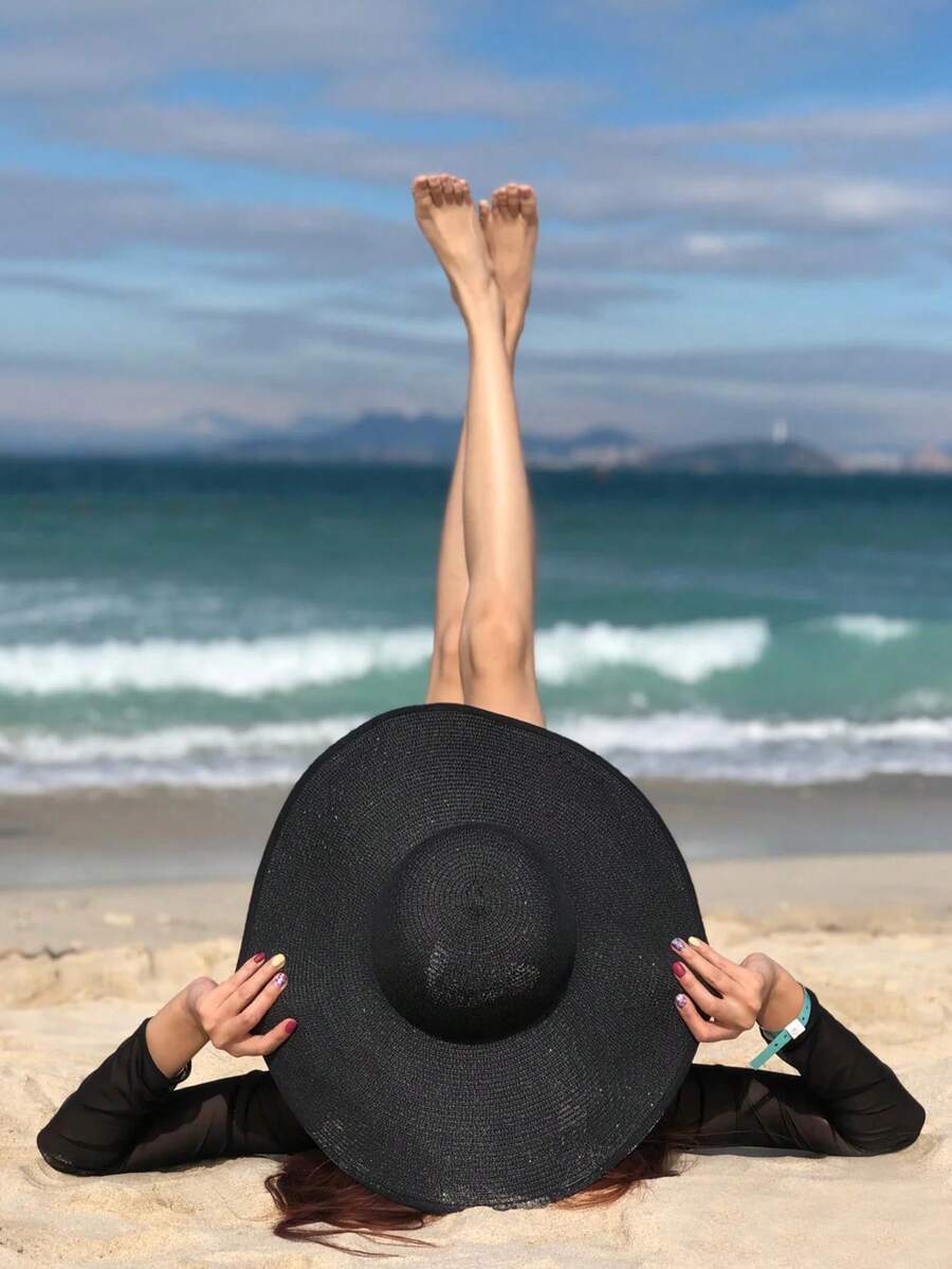 1 件超大可折叠帽檐夏季海滩遮阳帽，黑色海边防紫外线旅行遮阳帽 - 黑色 - 查看 1