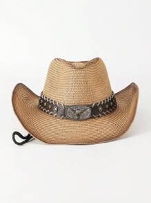1pc Casual Bull Star Pattern Boho Rivet Bow Straw Sun Hat, Fashionable Versatile Beach Holiday Shade Hat For All Seasons
