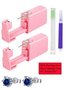 Kit de pistola de perfuração de orelha rosa, 1 peça/4 peças, brincos de cristal de coroa, descartáveis, assépticos, domésticos, portáteis, conjunto de ferramentas de perfuração de orelha com ferramenta de limpeza de furo de orelha e caneta de observação