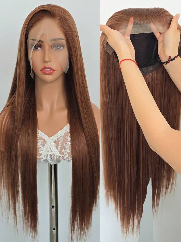 Elegante 13x4 60cm braune gerade Lace Front Perücke, geeignet für Frauen - hitzebeständiges synthetisches Haar, vorausgerissene natürliche Haaransatz und Babyhaar, ideal für den täglichen Gebrauch, Hochzeiten, Halloween und Weihnachten