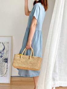 Women's Solid Color Mid-Length Casual Dress With Short Sleeves, Minimalist Style Suitable For Spring, Summer, And Autumn Elegant - Baby Blue - View 5