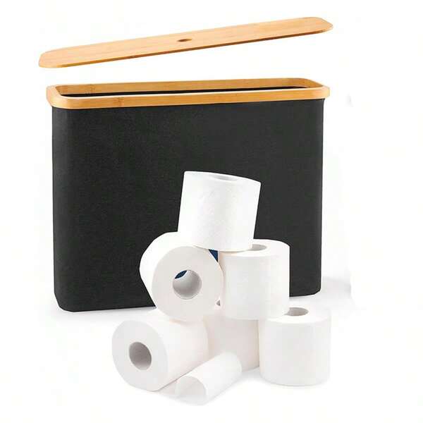1 件波西米亚风格黑竹纸巾架带储物篮 - 带盖矩形浴室收纳盒，多用途可折叠储物篮，无香味，适合家庭和办公室，节日礼物