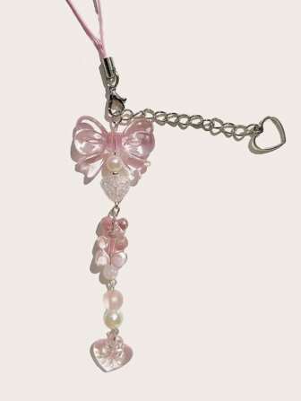1pc Pink Heart & Butterfly Beaded Phone Lanyard