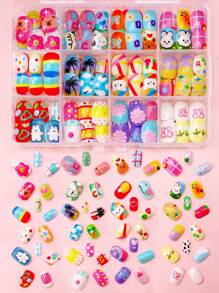 NAIO 288pcs/Set (12 Mixed) Short Square Round Colorful Cute Cartoon Pattern Nails Lovely 3d Press-On Nails Perfect Fit Acrylic False Nails Set, Children's Nail Stickers Full Coverage False Nail Stickers Press-On Nails With Storage Box, Nail Art For Girls And Children Daily Wear And Family Gatherings, Pink Girl Style