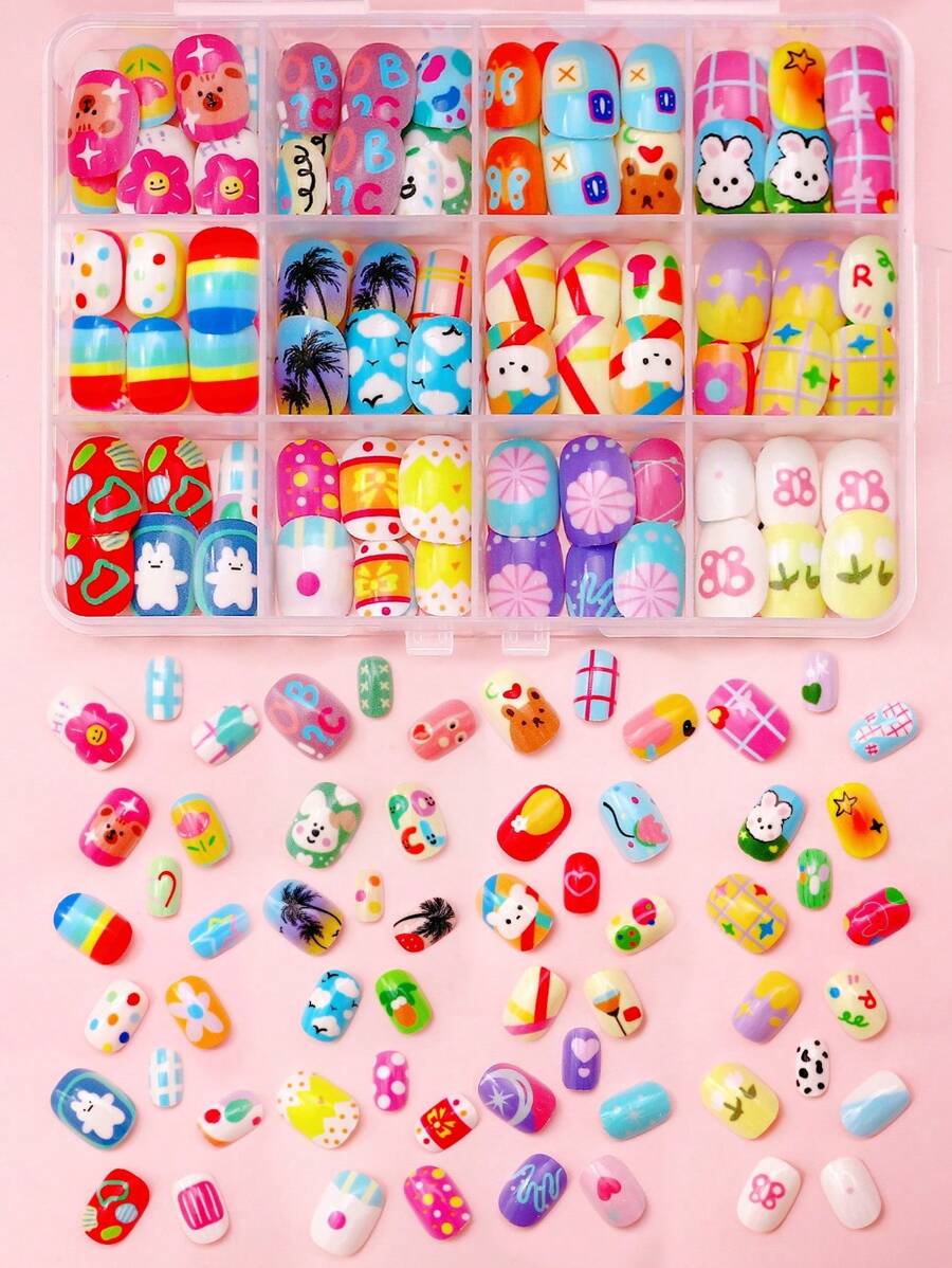 NAIO 288pcs/Set (12 Mixed) Short Square Round Colorful Cute Cartoon Pattern Nails Lovely 3d Press-On Nails Perfect Fit Acrylic False Nails Set, Children's Nail Stickers Full Coverage False Nail Stickers Press-On Nails With Storage Box, Nail Art For Girls And Children Daily Wear And Family Gatherings, Pink Girl Style