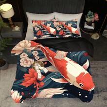 Juego de ropa de cama de 2/3 piezas con estampado de peces koi (1*Funda nórdica + 1/2*Funda de almohada, sin relleno), juego de ropa de cama de estilo oriental, 100% poliéster estampado, funda nórdica suave y cómoda, para habitación, habitación de invitados