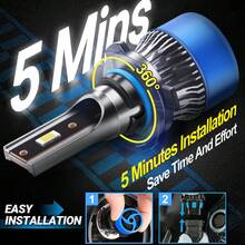 Roadsun 2 件 LED 汽车大灯灯泡 - H1 H4 H7 H11 H13 9005/HB3 9006/HB4 9007，6000K 白光，75000LM，200W 远/近光，快速安装雾灯，带超级冷却系统