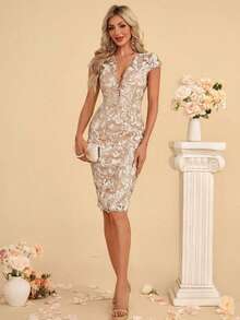 V-Neck Sheath/Column Lace Midi Dressfor Spring, Summer & Fall, Women's Clothing