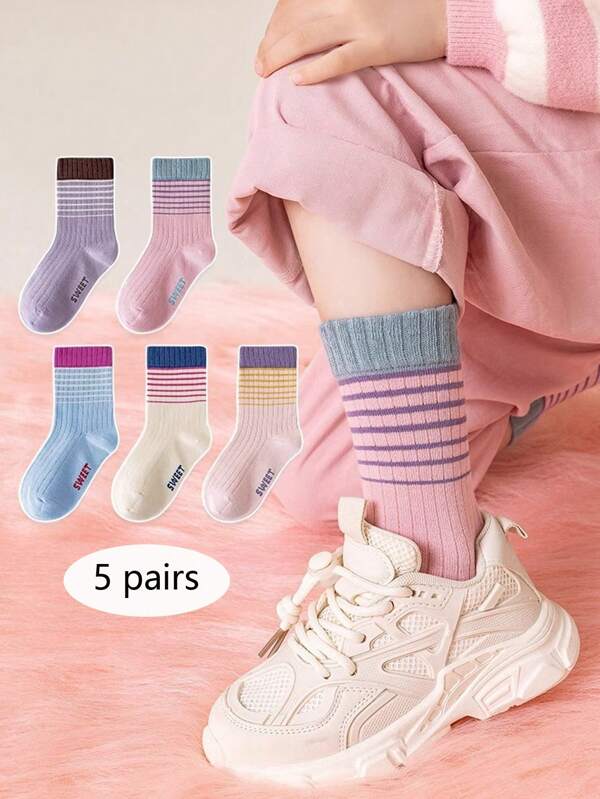 5 Paar coole & süße Dopamin-Themen Farbblock Streifen Kindersocken, atmungsaktive Sportlersocken für Studenten, und vielseitige Knöchelsocken