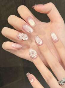 10 件方形指甲按压式指甲中号、极简主义腮红玻璃珠冰闪亮猫眼、手绘花卉 3D 雕刻花朵、浮雕水晶露珠、空灵光泽优质通用美甲片、前卫优雅奢华手工夏季指甲、婚礼美学、DIY 假指甲艺术适合女士和女孩、日常约会可重复使用、作为礼物美甲用品 - 1 个指甲锉和 1 个凝胶