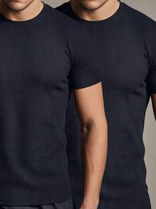 Kit 2 Basic Casual Textured T-Shirt Straight Textured Premium Mesh - 黑色與黑色 - 查看 1