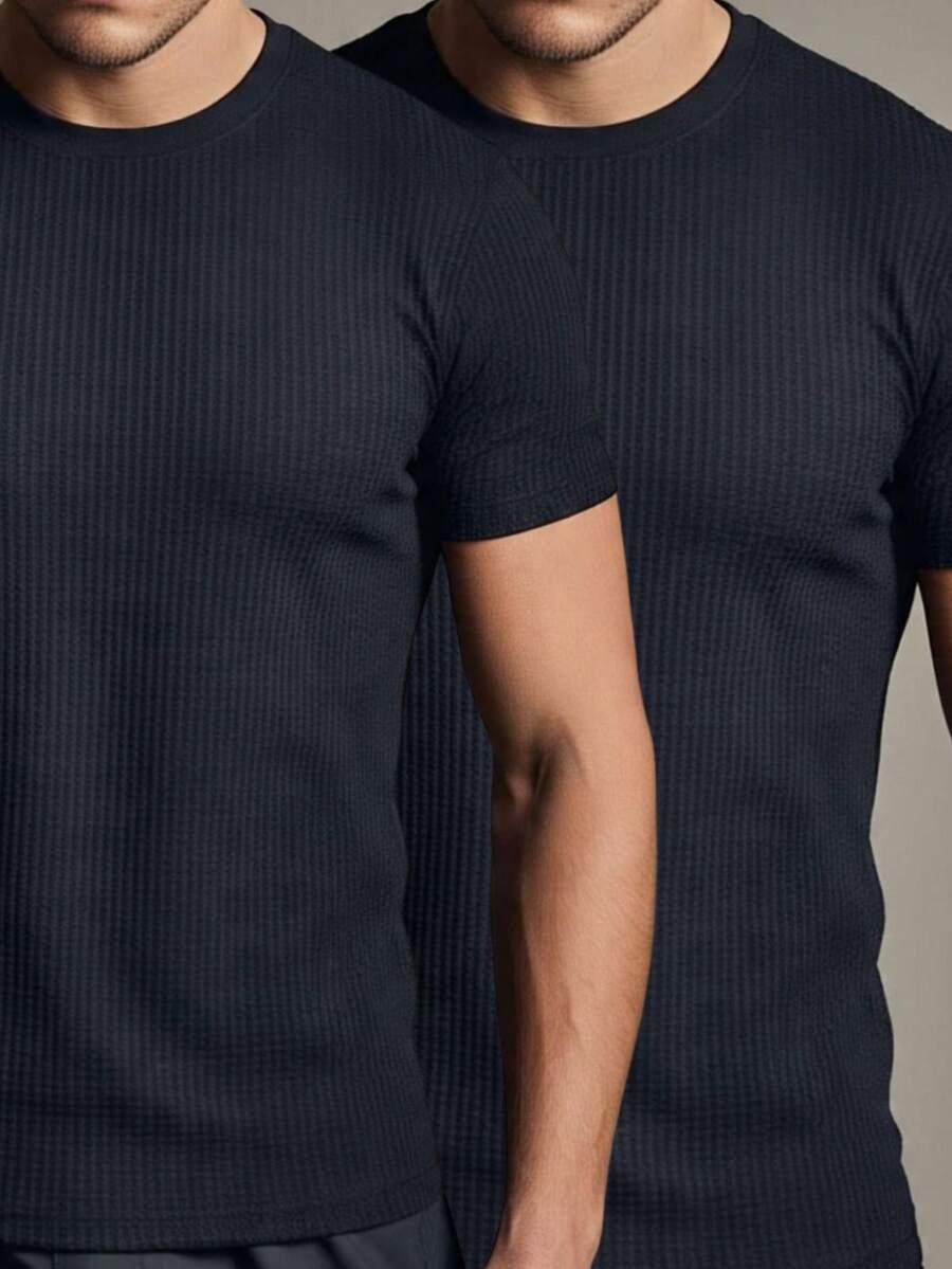 Kit 2 Basic Casual Textured T-Shirt Straight Textured Premium Mesh - 黑色與黑色 - 查看 1