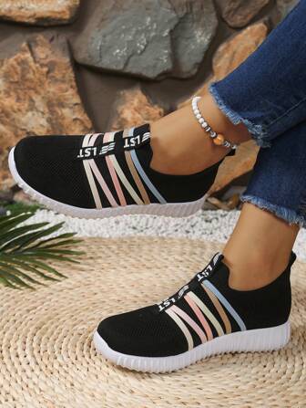 Women's Colorful Striped Lace-Up Breathable Knit Sneakers, Super Lightweight -On, Comfortable For Casual Walking, Fitness, Daily Wear