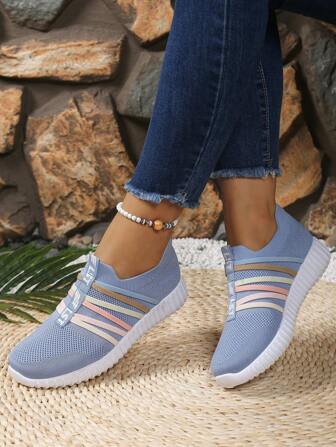 Zapatillas de mujer de punto transpirables con cordones de rayas de colores, ultraligeras y cómodas para caminar casual, fitness y uso diario