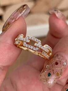 1pc 925 Sterling Silver Fashionable Personalized Semicircle Chain Ring, Suitable For Women's Daily Commute, Party And Other Occasions, High Quality, Exquisite Jewelry Gift - Gold - View 1