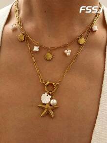 2pcs/Set Women's Summer French Retro Starfish & Faux Pearl Design Stainless Steel Necklace, Waterproof & Fade-Resistant, Suitable For Daily Wear, Party, Beach Holiday