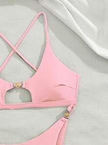 New Fashionable Sexy Strap Tie Metallic Decor Solid Color Women's Bikini Swimwear Set - Baby Pink - View 4