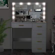 Wood Vanity Dressing Table With Large LED Mirror And 7 Drawers Makeup Desk White - White - View 5