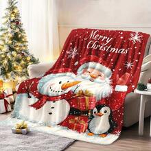 1 Piece Cozy Fleece Blanket With Santa, Snowman, And Penguin - Soft, Warm Polyester Throw With 'Merry' Text, Suitable Naps, Camping, Travel, Office, And Home Decoration - Holiday Friends And Family - Grey - View 6