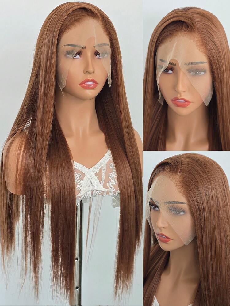 Elegante peluca recta de 24" con cabello sintético resistente al calor, frente de encaje de 13x4, color marrón, adecuado para mujeres. Con línea de nacimiento natural preplucada y bello del bebé, ideal para uso diario, bodas, Halloween y Navidad - Óxido marrón - Añade 5