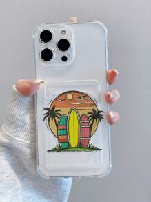 1 pieza Funda de teléfono creativa con tema de playa y océano, con patrones de árbol de coco, sol, nube y monopatín, de material TPU transparente, adecuada como regalo, compatible con iPhone XS/XS Max/XR/11/12/13/14/15/16 Pro/Pro Max/14/15/16 Plus