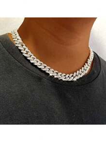 HipHop Men Women 13MM Prong Cuban Link Chain Necklace Bling Iced Out 2 Row Rhinestone Paved Miami Rhombus Cuban Necklace Jewelry