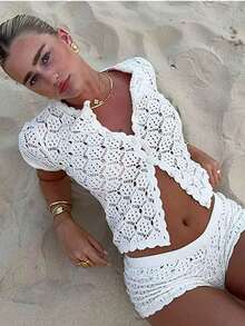 Women's Bodycon Deep V Neck Suit Cropped Cutout Lace Print Design T-Shirt Low Rise Shorts Beach Vacation Seaside Date Shopping - 白色 - 查看 4