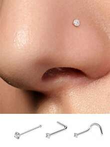 Conjunto de 3 peças de piercing de nariz em aço inoxidável 316L com zircônia, calibre 20G, para homens e mulheres. Piercing de nariz em formato de L com rosca, joia para piercing de nariz em aço inoxidável. Piercing de nariz simples e elegante com strass, estilo punk, ideal para mulheres e homens. Uma joia corporal moderna e perfeita para presentear em qualquer ocasião. - Multicolorido - Ver 1