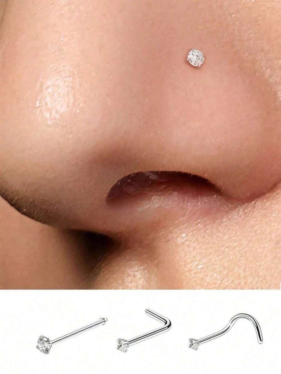 Conjunto de 3 peças de piercing de nariz em aço inoxidável 316L com zircônia, calibre 20G, para homens e mulheres. Piercing de nariz em formato de L com rosca, joia para piercing de nariz em aço inoxidável. Piercing de nariz simples e elegante com strass, estilo punk, ideal para mulheres e homens. Uma joia corporal moderna e perfeita para presentear em qualquer ocasião. - Multicolorido - Ver 1